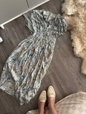 karin stevens Light Sage Floral Slip Dress with Blue and Brown Accents